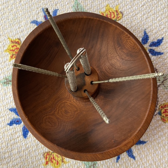 Vintage Wooden 3 Footed Nut Bowl Set with Metal Nutcracker and 4 Picks - Picture 3 of 6